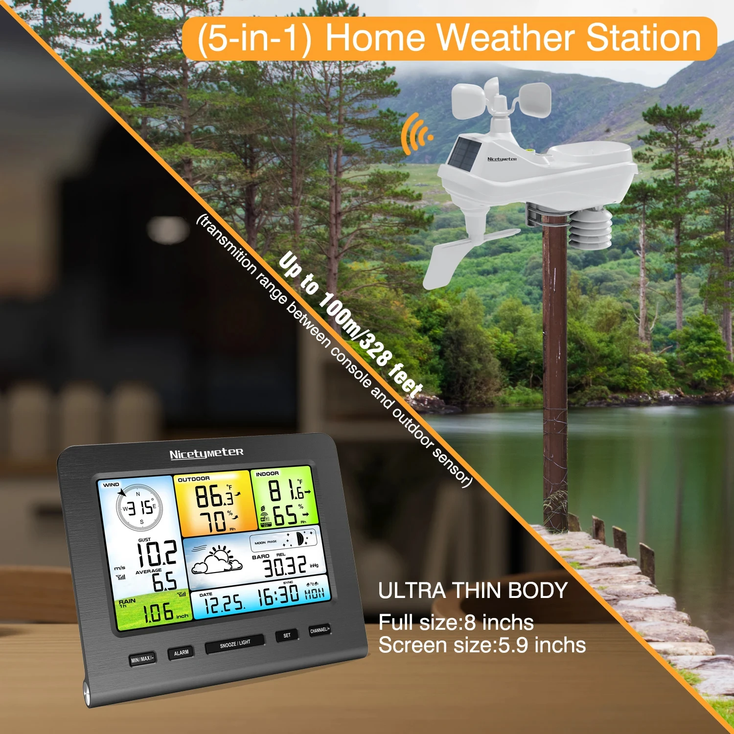 Nicetweather Smart 5 في 1 WiFi محطة الطقس مستشعر خارجي لاسلكي لدرجة الحرارة الداخلية/الخارجية الرطوبة والتنبؤ