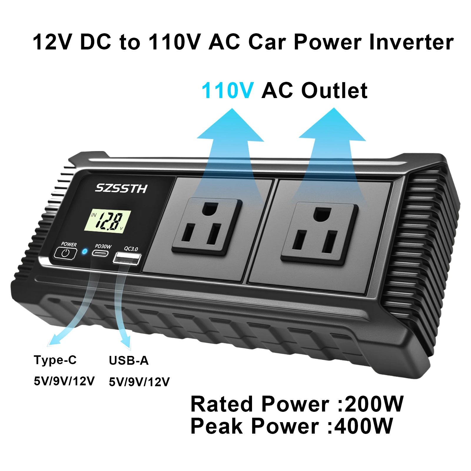 

SZSSTH 200W 12V DC to AC 110V 220V Modified sine wave Car Power Inverter with 92% Availability Power Peak Power 400W US Plug