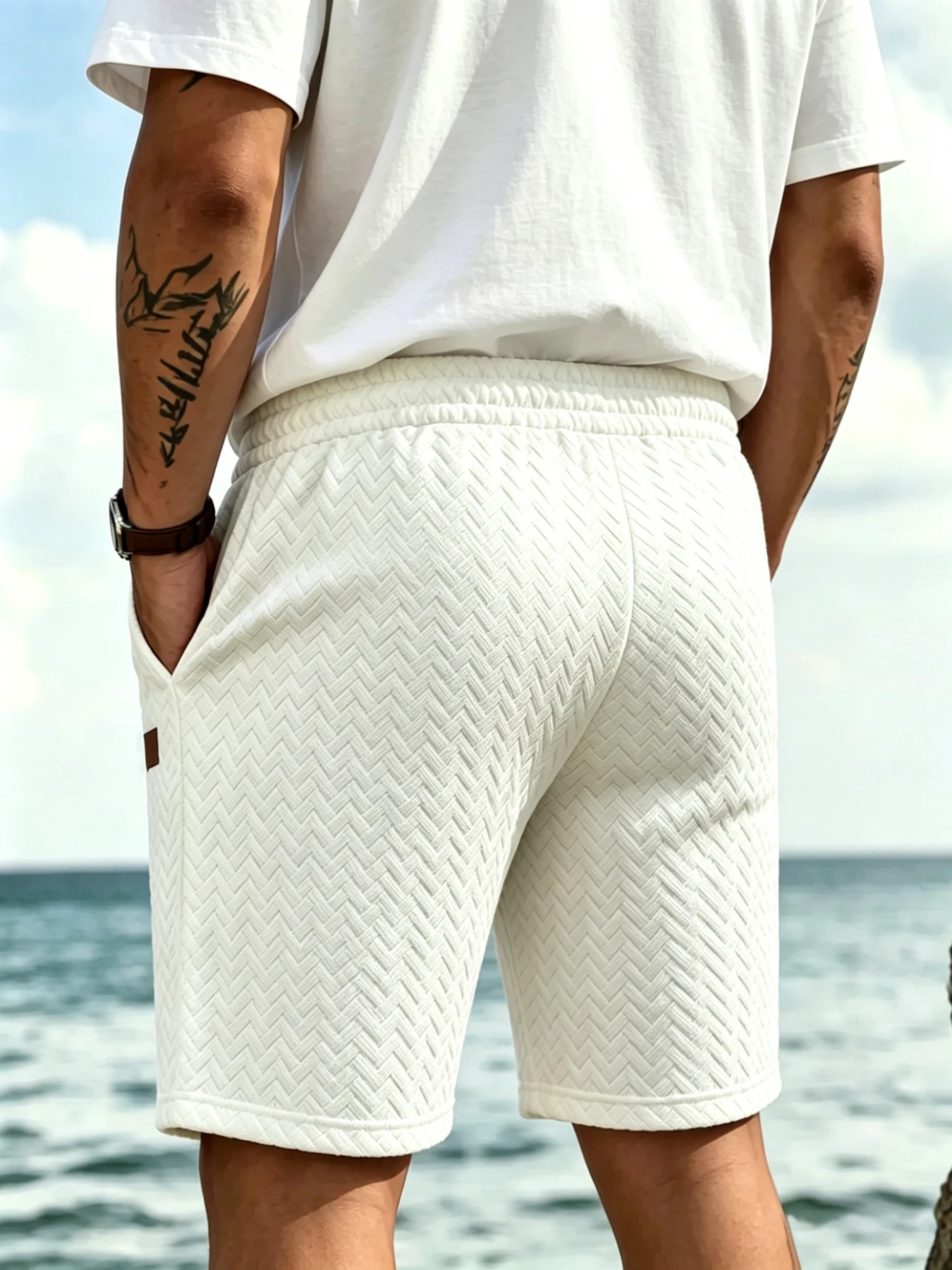 Herren Elegante Casual Shorts mit Fischgrätmuster, 3D-Jacquard-Stoff, Kordelzug, Gerade Passform für Büro und Pendeln – Detail 5