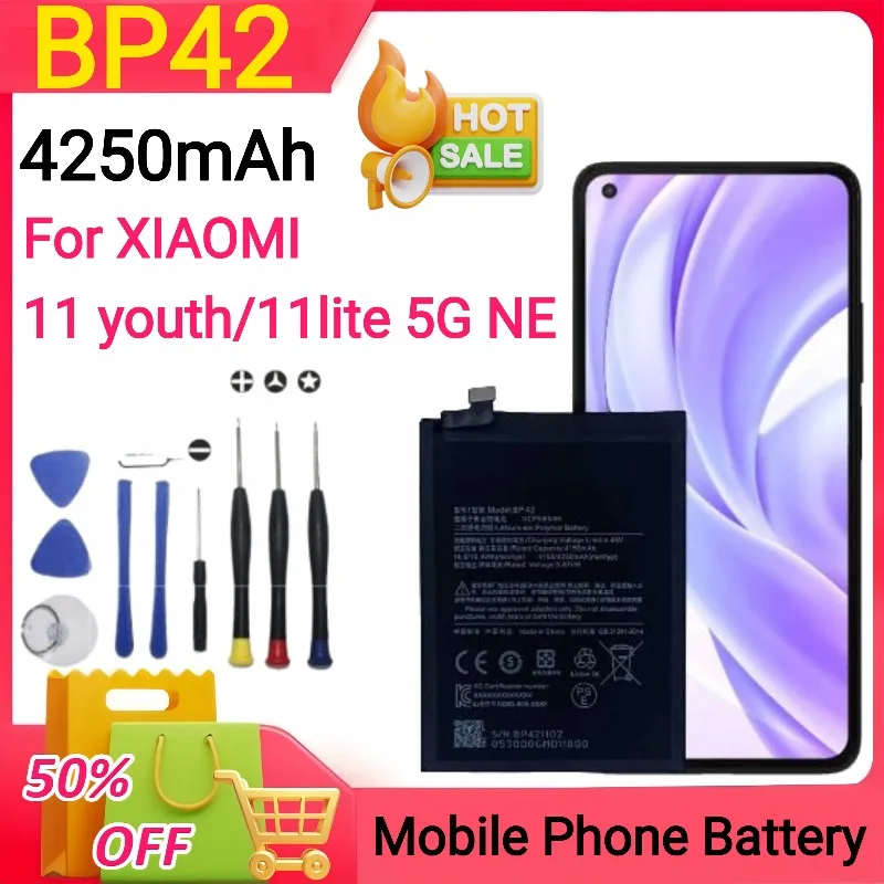 

Новый аккумулятор 4250 мАч BP42 для XIAOMI 11 Lite/Mi 11 Lite 5G NE (2109119DG)/11 Молодежный аккумулятор для мобильного телефона + инструменты