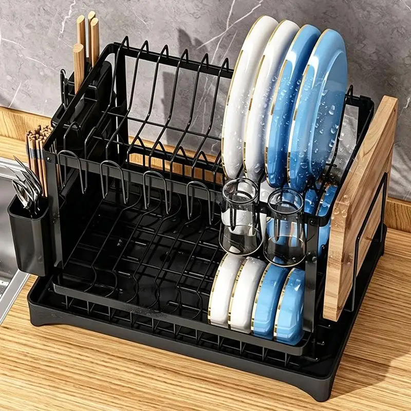 New 2 Tier Metal Dish Drying Rack With Utensil Cup Holder And Drainboard For Kitchen Countertop Storage Organization