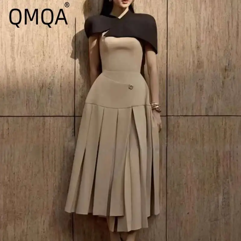 

QMQA Fashion Women's Detachable Cloak Dresses Square Collar Sleeveless High Waist Hit Color Patchwork Folds Dress Female QM371