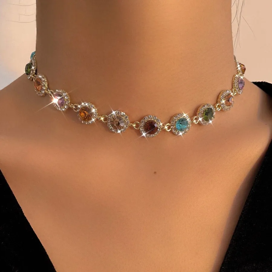 

Stylish Colorful Rhinestones Necklace 14K Gold Plated Jewelry Gift