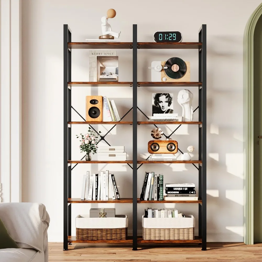 oneinmil Double Wide 6-Tier Bookcase, Industrial Bookshelf with Metal Frame, Open Large Book Shelf, Wood and Tall Display Shelve