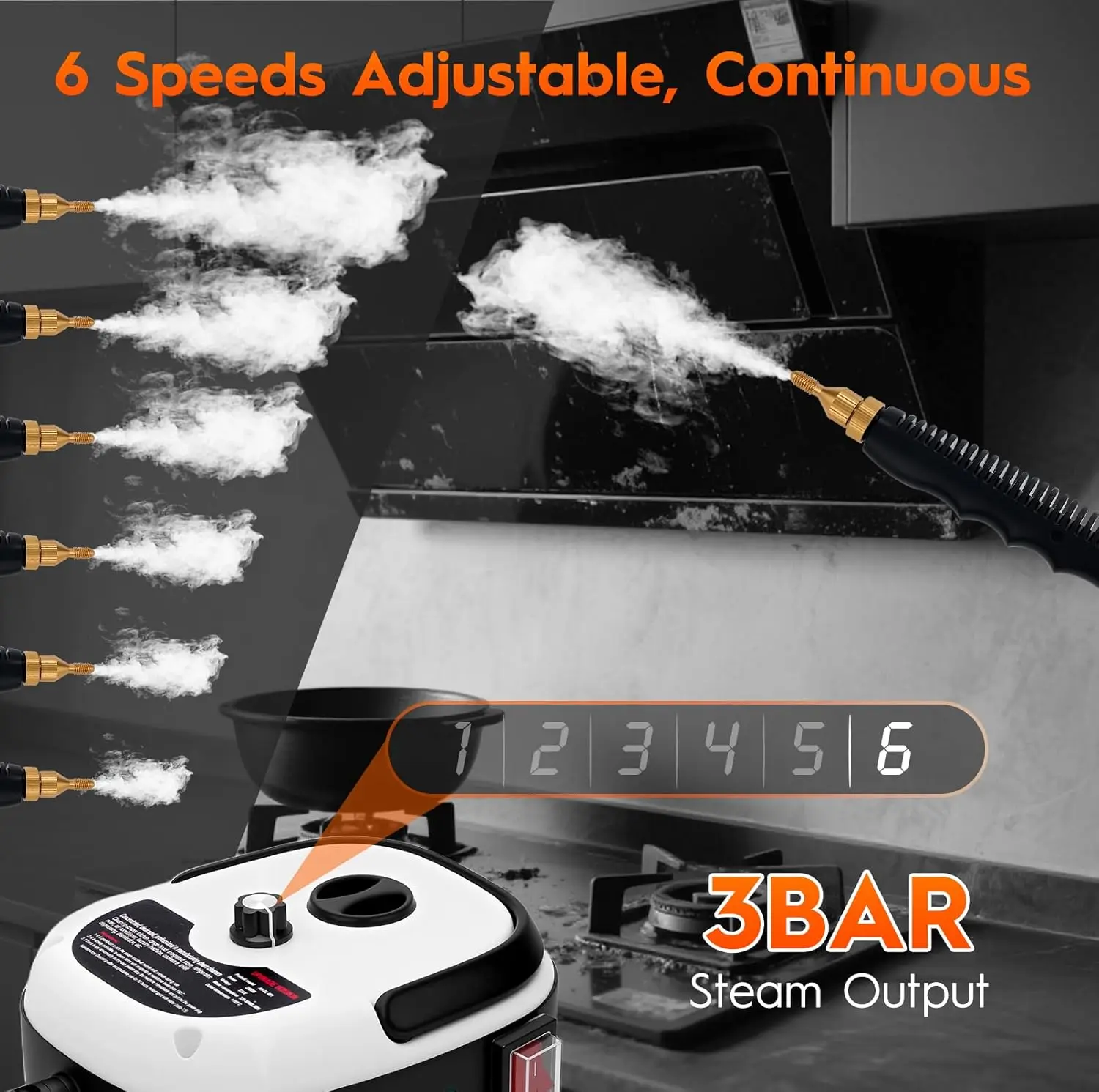 2500W Handheld Steam Cleaner, 1L Portable Steam Machine with 3 Brush Heads for Kitchen, Home, Car Cleaning (White)