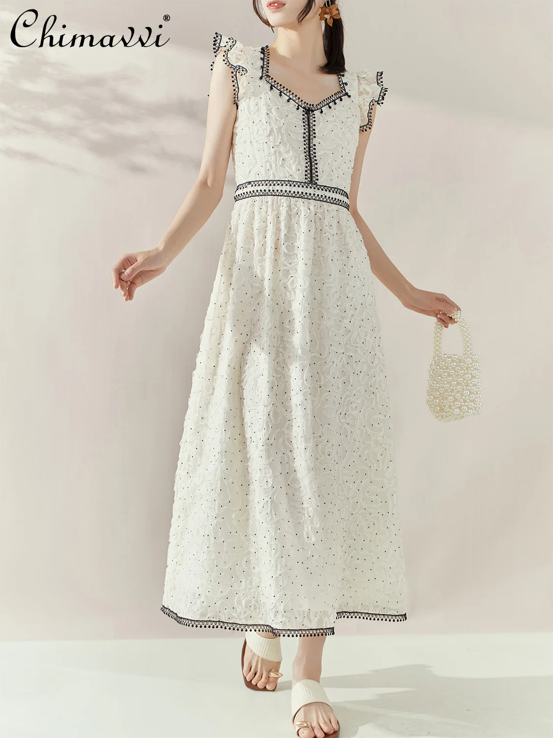 

Французские элегантные темпераментные светские летние платья с квадратным вырезом и летящими рукавами, черное платье в горошек с высокой талией, тонкое длинное платье трапециевидной формы для женщин