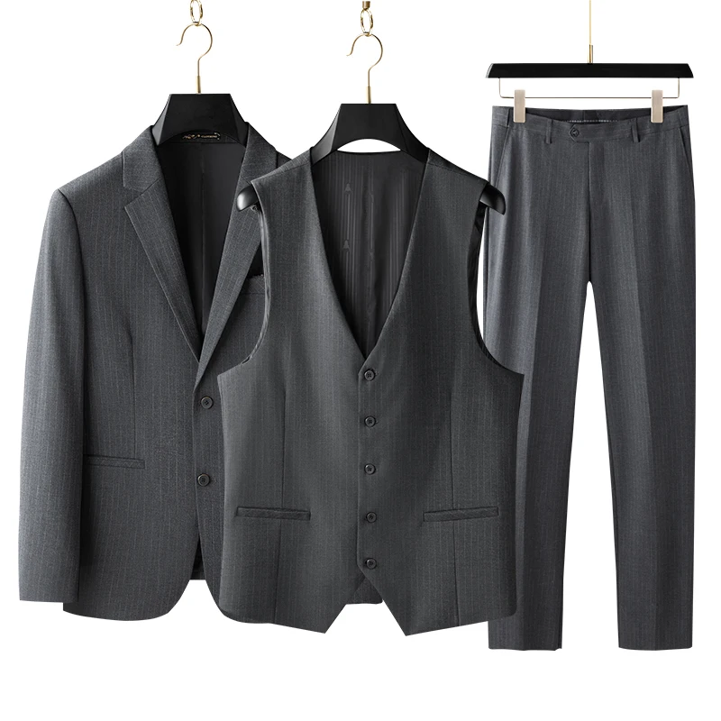 （XL-7XL）Big Size Grey Groom Suit (suit + Trousers) 2024 New Men\'s Fashion Handsome with Loose Striped Boutique Fat Suit 3/2 Sets