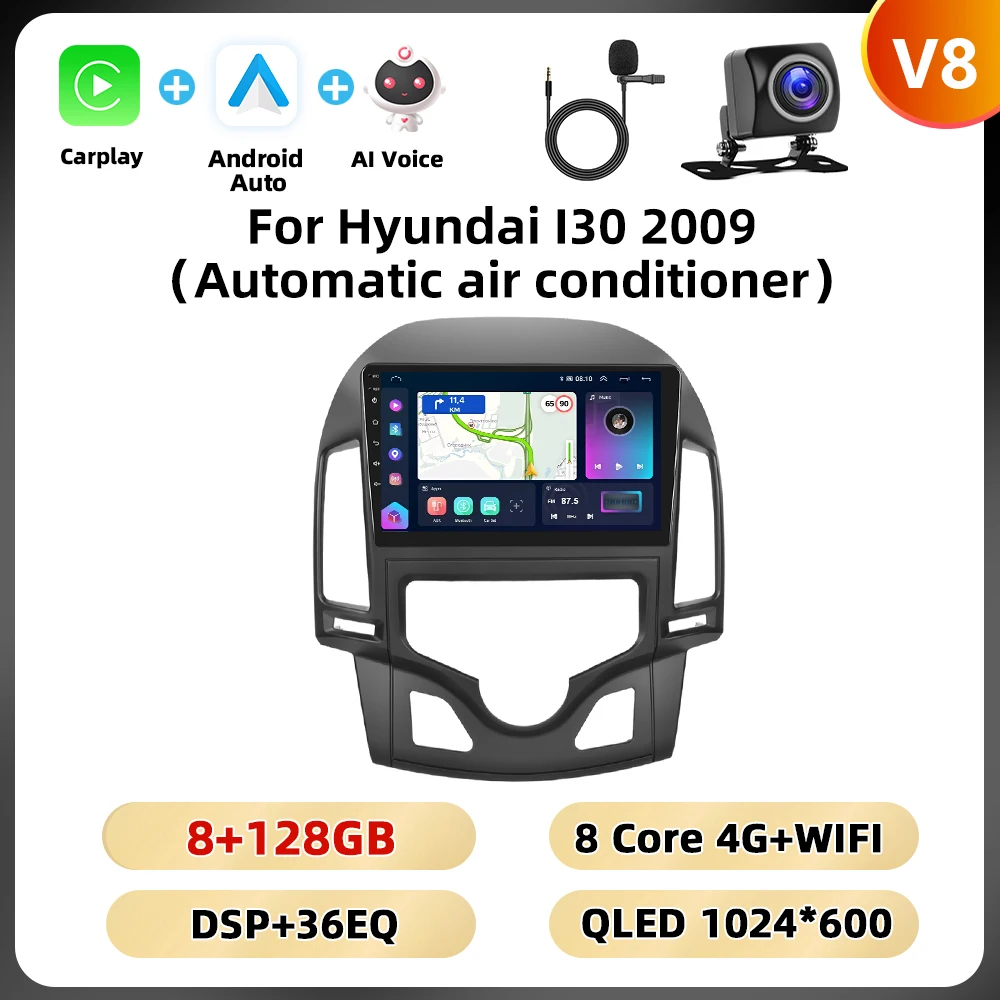 Podofo 9'' 8+128GB autoradio voor Hyundai I30 2009 multimediaspeler 8-core WIFI 4G Carplay Android auto GPS spiegeling auto audio