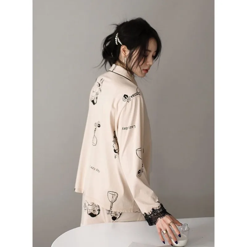 2024 New Pajama Women's Thin Spring Autumn Lace Edge Sleepwear Pure Cotton Long Sleeved Pants Flip Collar Cardigan Homewear Set