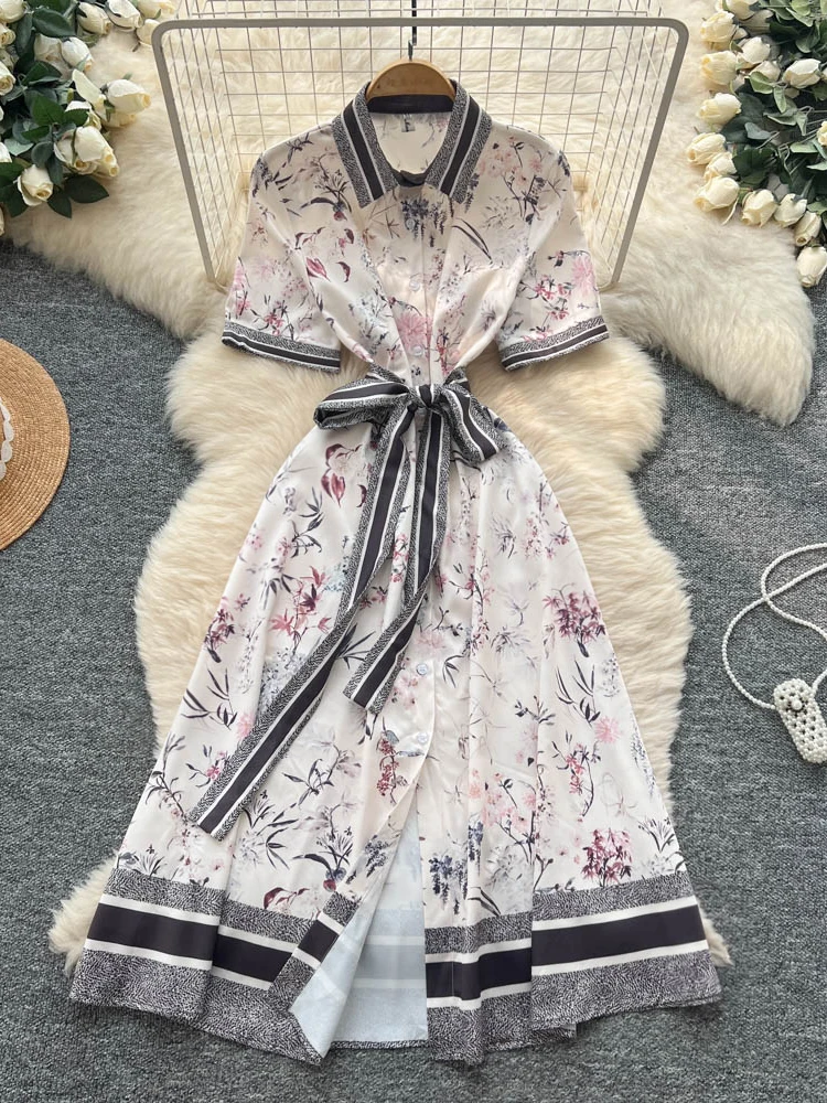 Vestido Largo de Verano para Mujer con Estampado Floral, Cintura Ajustable con Lazo, Manga Corta y Cuello Csero
