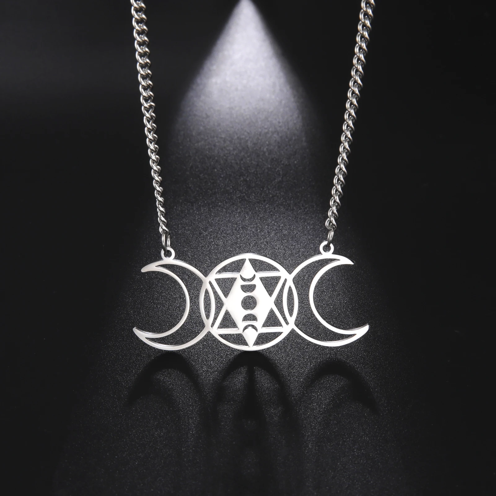 LIKGREAT Stainless Steel Occult Witch Hexagram Pendant Necklaces Triple Moon Goddess Amulet Moonphases LunarVintage Jewelry