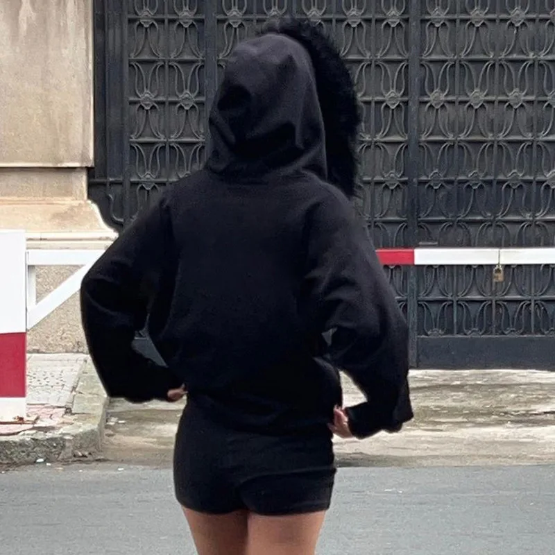 جديد أسود زيبر سبليت مطبوعة أفخم هوديي شارع العليا القوطية نمط موضة الاتجاه Harajuku ريترو فضفاض الخريف/الشتاء معطف دافئ #3