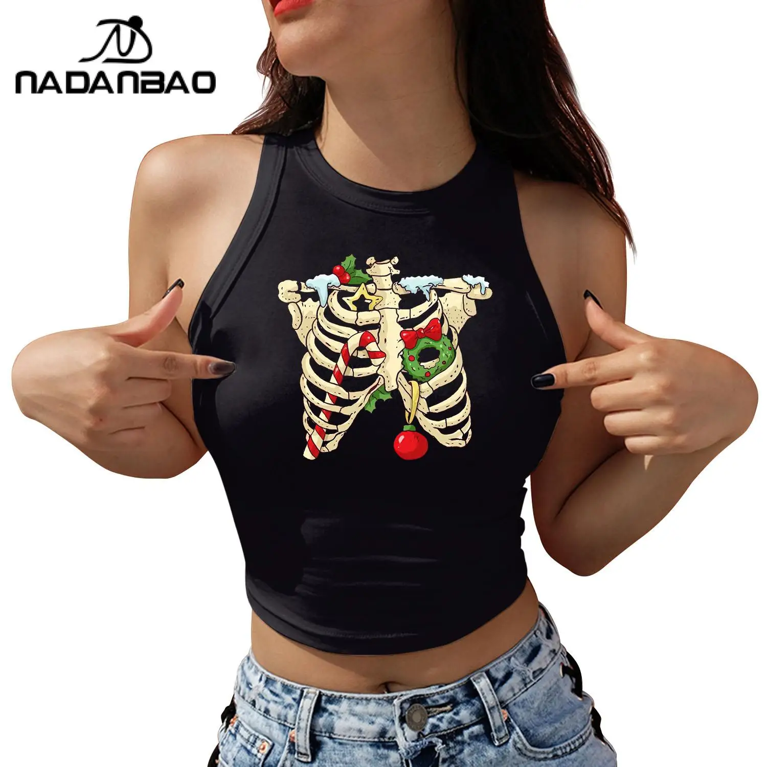 

Nadanbao Women's top Black Round Neck T-Shirt Halloween skeleton print Fashion Street Short Sleeve Tops Loose Oversized Shirt