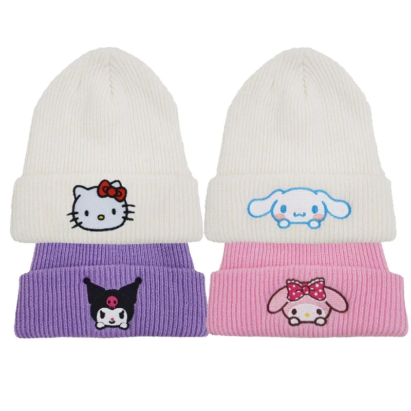 

Sanrio Hello Kitty Knit Hat Cartoon Embroidered Benie Cap Cute Unisex Warm Stretchy Christmas Gift for Adult Kids Outdoor Caps