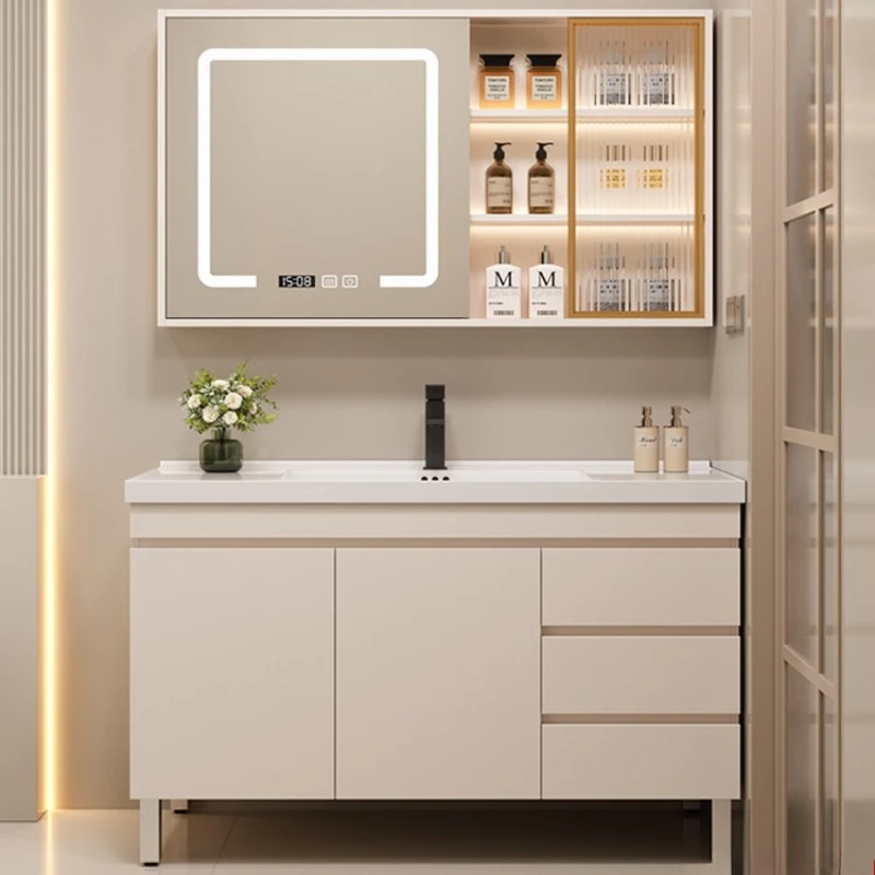 Mueble de baño minimalista de suelo a techo, mueble con espejo de madera maciza, conjunto multifuncional inteligente de baño, muebles para el hogar