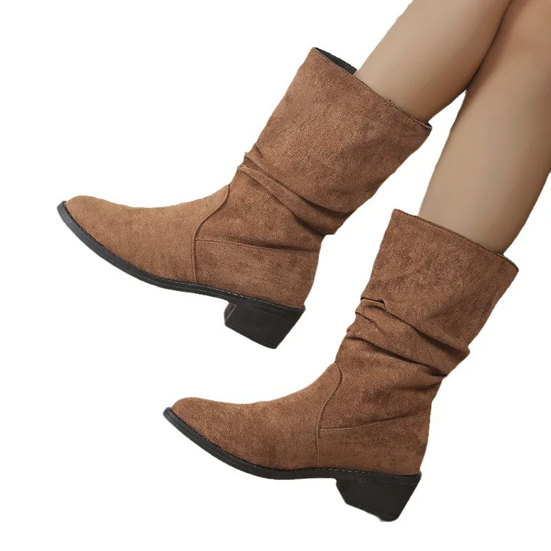 Women's Boots Autumn Winter, Vintage Pleated Large-sized, Thick-heeled Pointed Mid-tube Chimney Boots Ladies Knight Long Booties