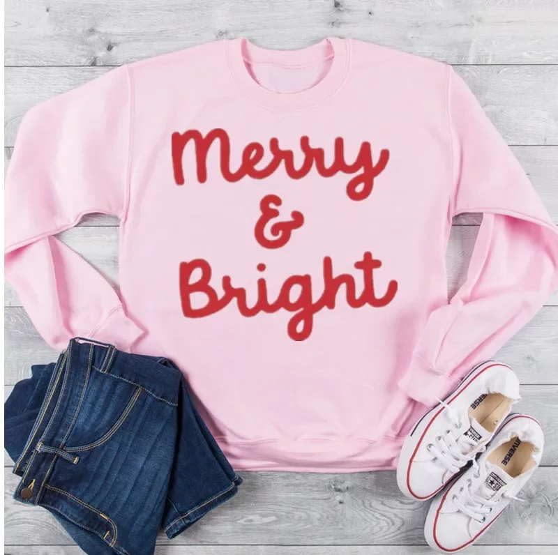 Merry and Bright  Christmas Ski Sweater Holiday harajuku Sweater Winter Sweatshirt 100% cotton Unisex kawaii y2k Drop shipping