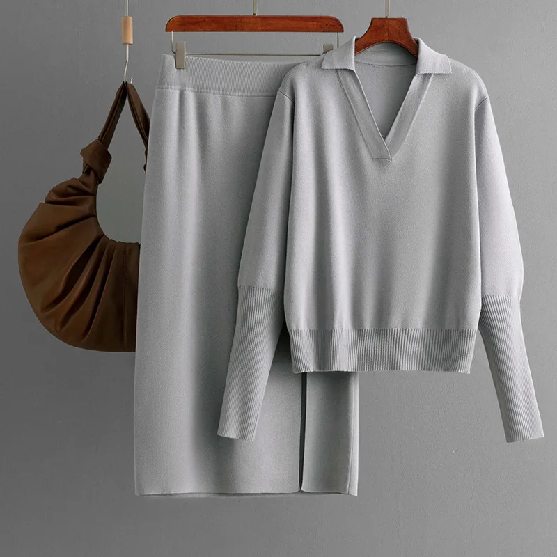 أزياء المرأة 2025 الخريف الشتاء فضفاضة بلون طوق محبوك سترة وتنورة قطعتين مجموعة #3