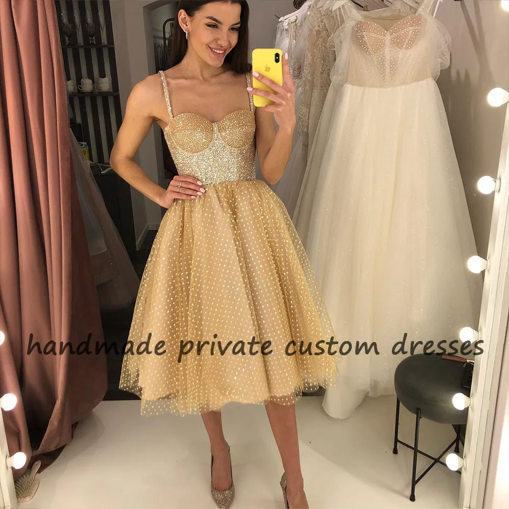 

Gold Shinny A Line Prom Party Dresses Ball Gowns Spaghetti Straps Sweetheart Dotted Tulle Evening Prom Dress Tea Length