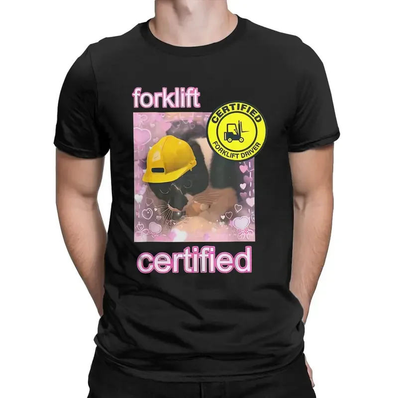 Y2K Forklift Certified Cat I Eat Cement T Shirts Men Cotton Vintage T- Round Neck Oddly Meme Tee Shirt Short Sleeve Present