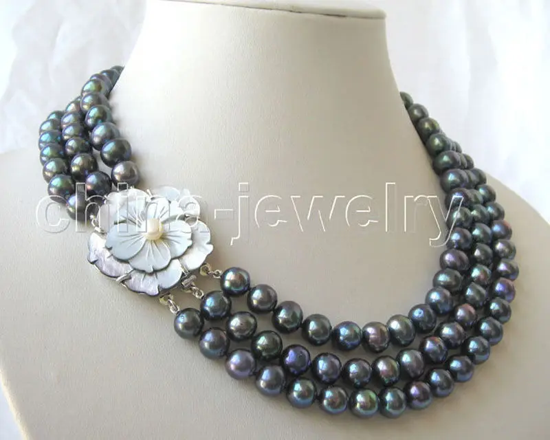 

AAA 3row 17-19" 7-8mm natural black round freshwater pearl necklace