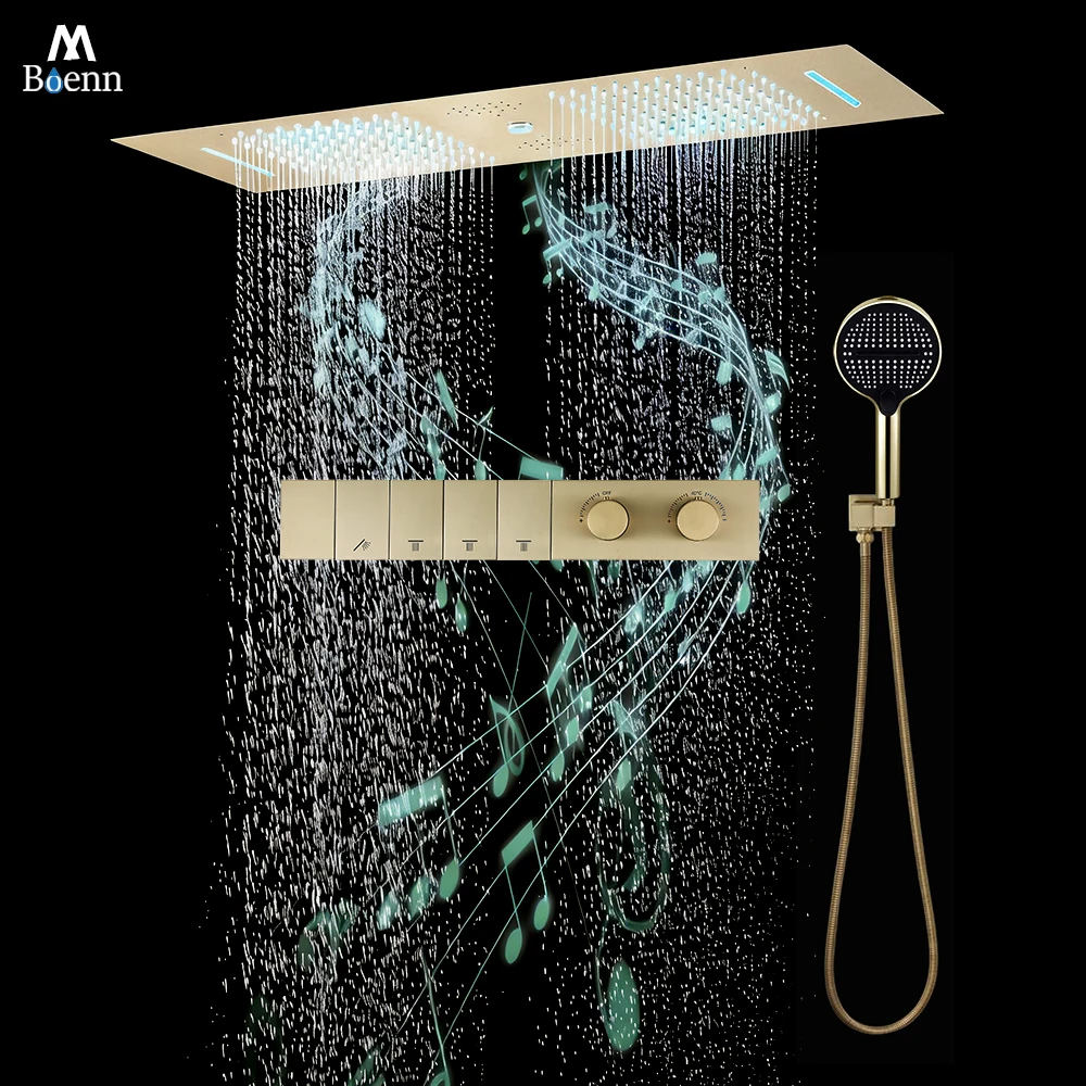 M Boenn 35*12 Inch Lovers Shower System Set Smart Thermostatic Bathroom Faucet Embedded Ceiling Large LED Music Gold Shower Head