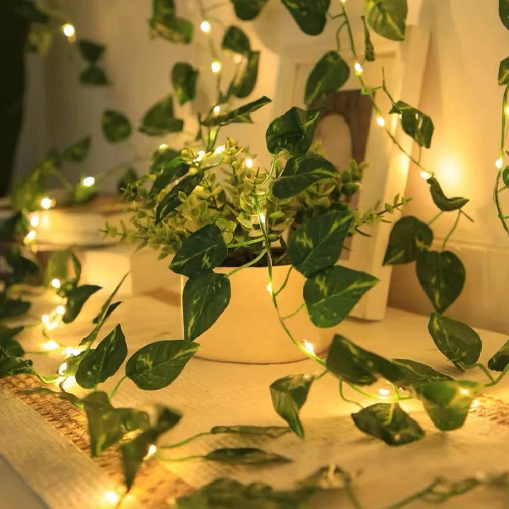 Green Leaf String Lights Artificial Vine Fairy Lights Battery Powered Christmas Tree Garland Light for Weeding Home Decor