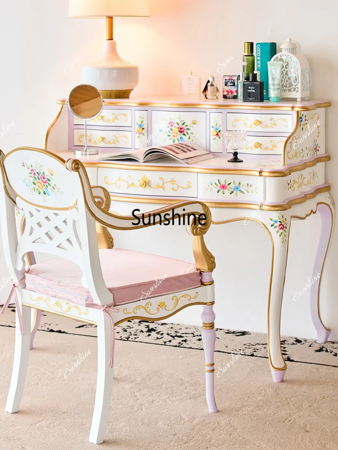 European bedroom dresser desk two-in-one solid wood painting