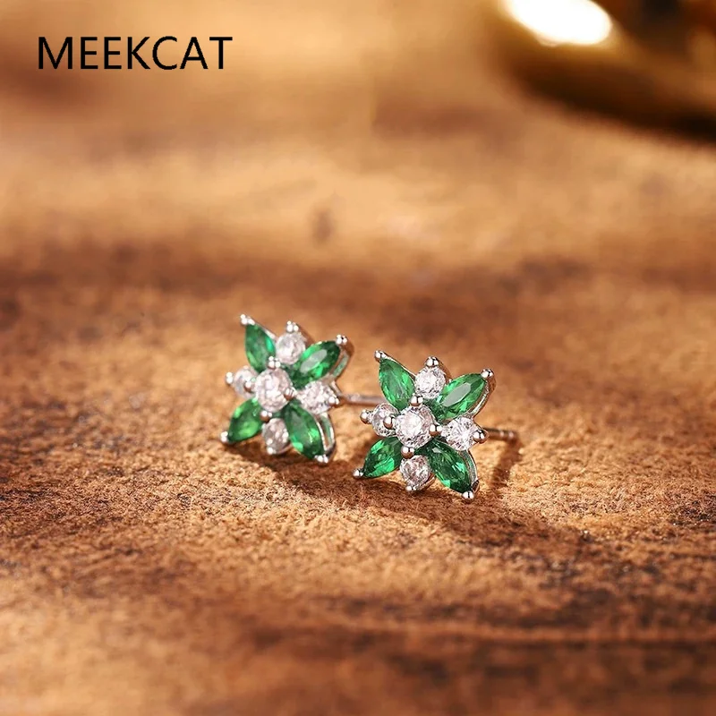 Green Simulated Nano Emerald 925 Sterling Silver Flower Stud Earring for Women Statement Gemstone Wedding Jewelry Pendientes