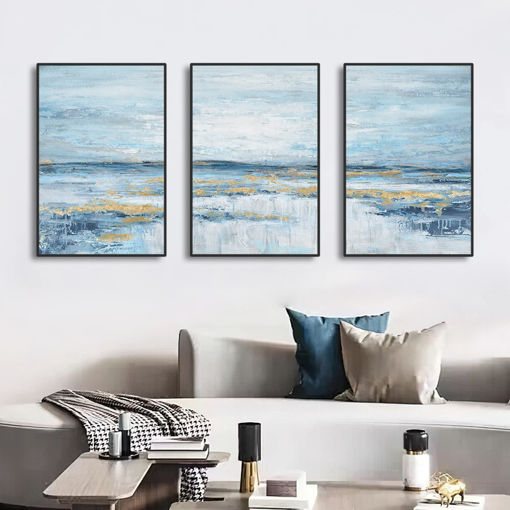 3 Panels Nordic Abstract Ocean Canvas Painting Coastal Theme Artwork Blue Gold Sunset & Sunrise Wall Art Posters for Living Room