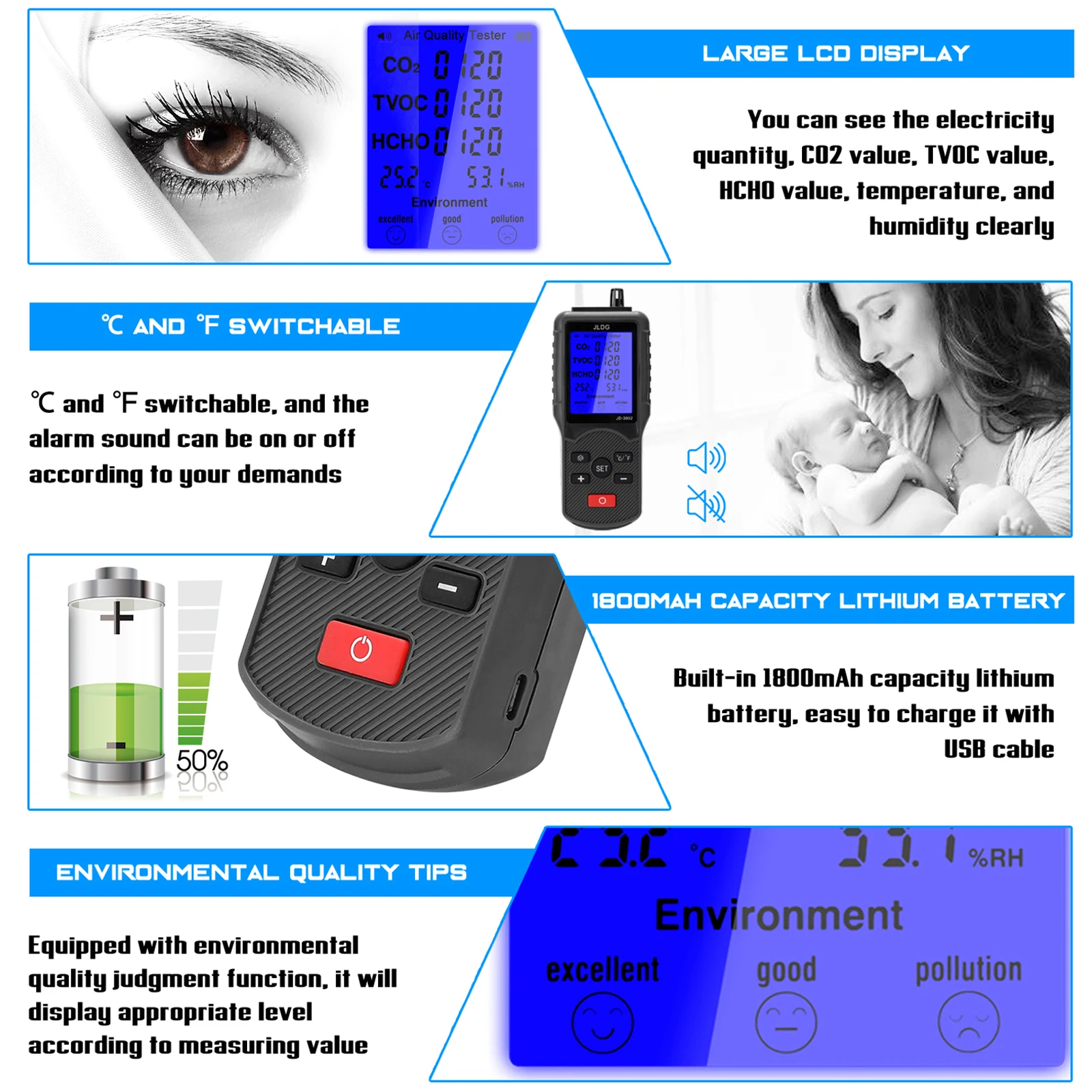 JD-3002 Air Quality Detector CO2 HCHO TVOC Temperature Humidity Measuring Device CO2 Meter Multifunctional Air Quality Analyzer