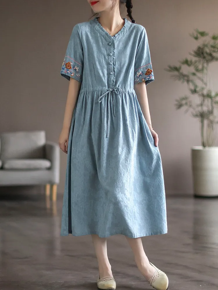 Women Cotton Linen Casual Dress New Arrival 2022 Summer Vintage Style V-neck Floral Embroidery Loose Ladies Long Dresses B1808