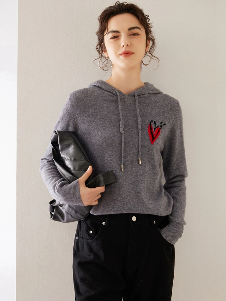 ADDONEE Women 100% Cashmere Sweater Heart Knit Hooded Pullover Autumn Winter Casual Loose 100% Cashmere Knitwear Korean Tops