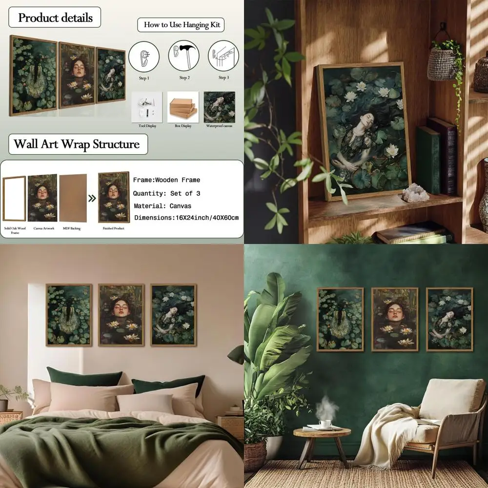 

Set of 3 Vintage Cottagecore Wall Art, Moody Gothic Victorian-Inspired Lake Prints, 16x24 Framed for Home Decor