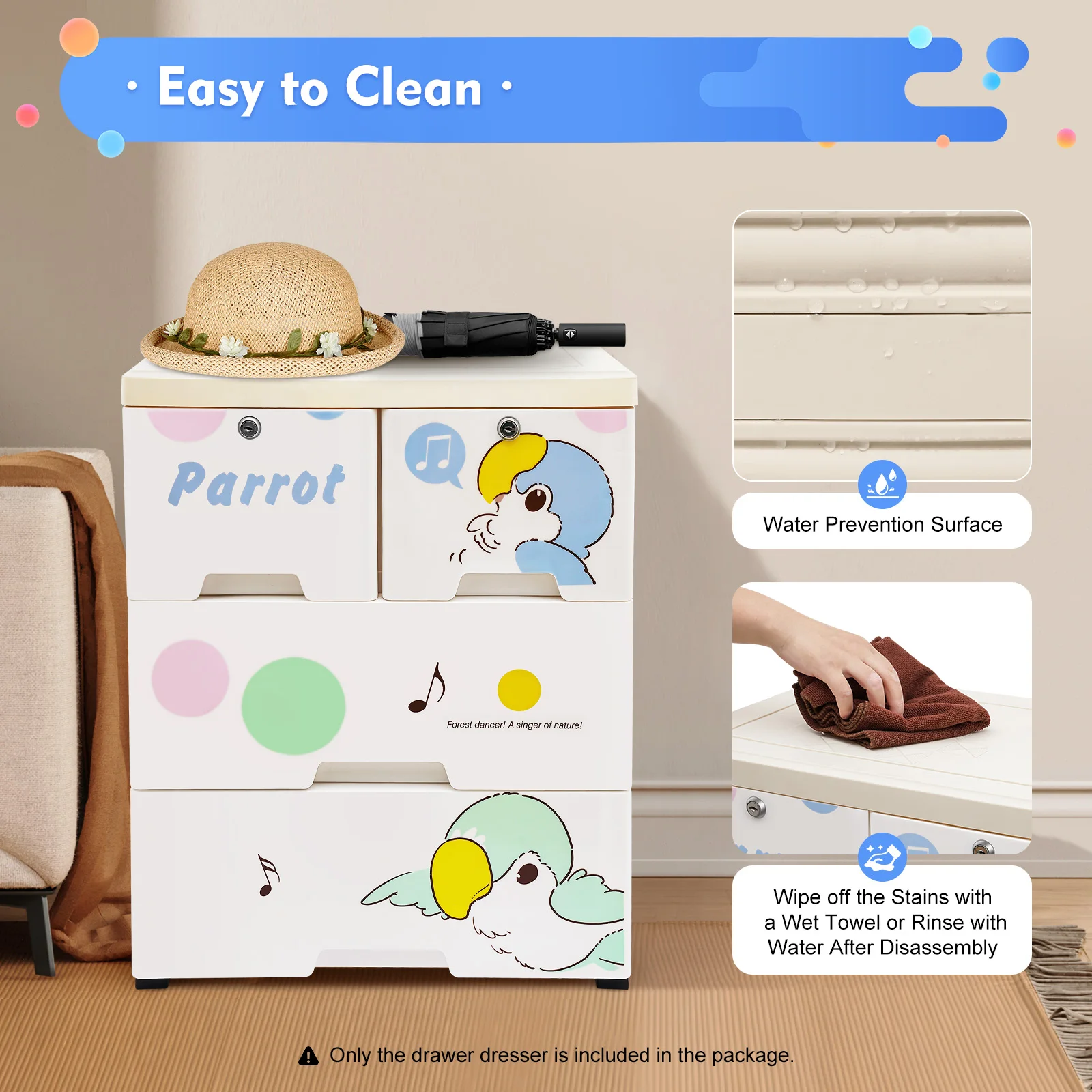 خزانة ذات أدراج الببغاء، خزانة تخزين مع 6 أدراج، منظم خزانة طويل القامة لغرفة اللعب، أثاث غرفة النوم