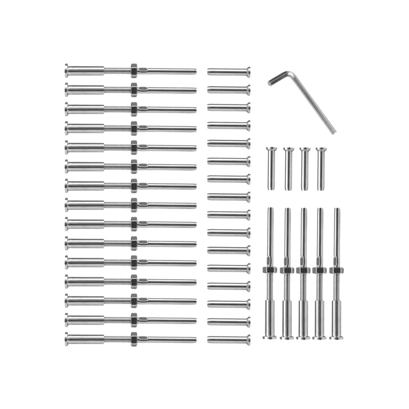 

B62B-20 Pairs Stainless Steel 316 Grade Cable Railing Threaded Stud Tensioner Receiver & Flat Head Stemball Terminal For 1/8 Cab