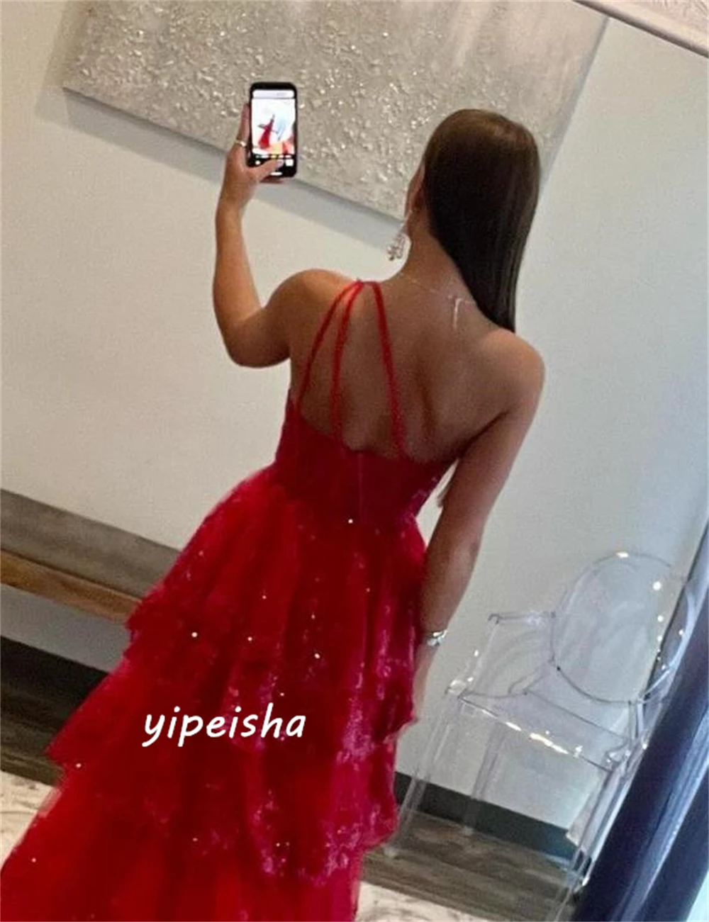 Customized Intricate Sparkle One-shoulder Ball Gown Beading Paillette / Sequins Organza Evening Dresses Saudi Arabia