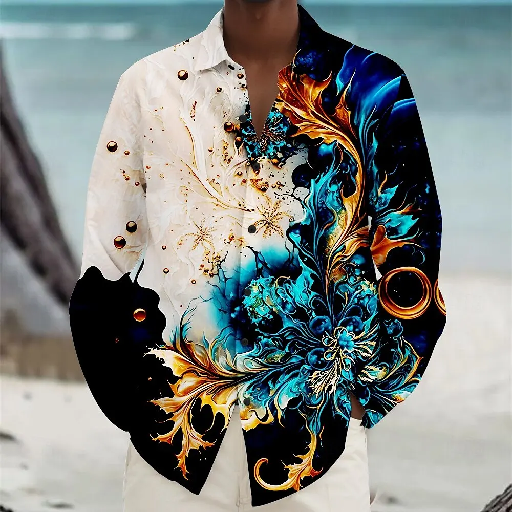 2024 men's long sleeved high-end printed street party fashionable men's fun shirt plus size comfortable deep sea blue feather