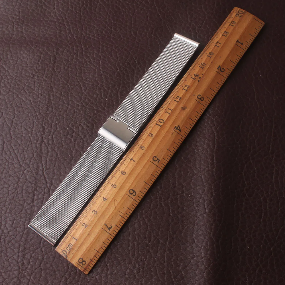 Pulseiras de relógio prateadas 10mm-24mm, ultrafinas, malha de aço inoxidável completa, pulseira de relógio de pulso para homens e mulheres, fecho de segurança, acessórios de relógio