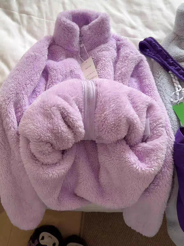 

Thiened Double-Sided Lamb Velvet Jaet Purple Lav Women's Winter Outdoor Cold Proof Cotton Clothes Stand Collar