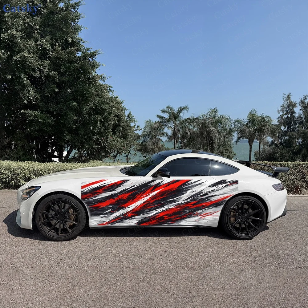 

2Pcs Dynamic Red and Black Abstract Car Body Side Stickers, Automotive Door Side Graphics for Cars, Car Decoration Accessory