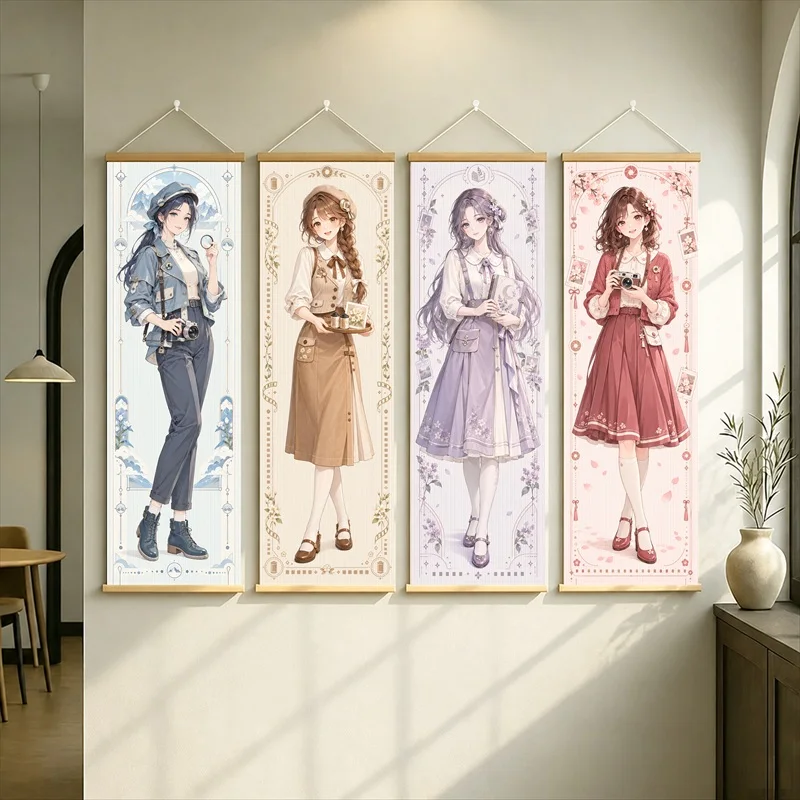 Anime Women in a Blue Suit with Tan, Lavender and Red Dresses Hanging Scroll in a Delicate Floral Style for a Bedroom