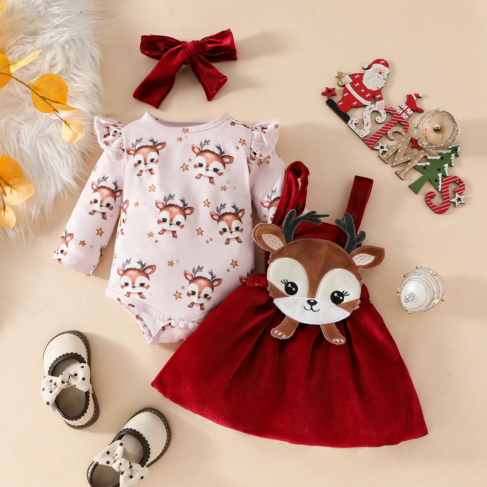 

Christmas Baby Girl 3D Deer Outfit Velvet Fleece Onesie Suspender Dress Headband Set Winter Holiday Set for 0-2 Years