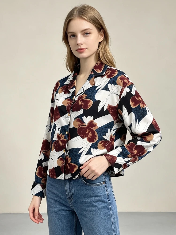 2026 Spring Autumn Office Lady Top Vintage Floral Print Long Sleeve Shirt Casual Loose Fit Button Blouse Turndown Collar Shirts