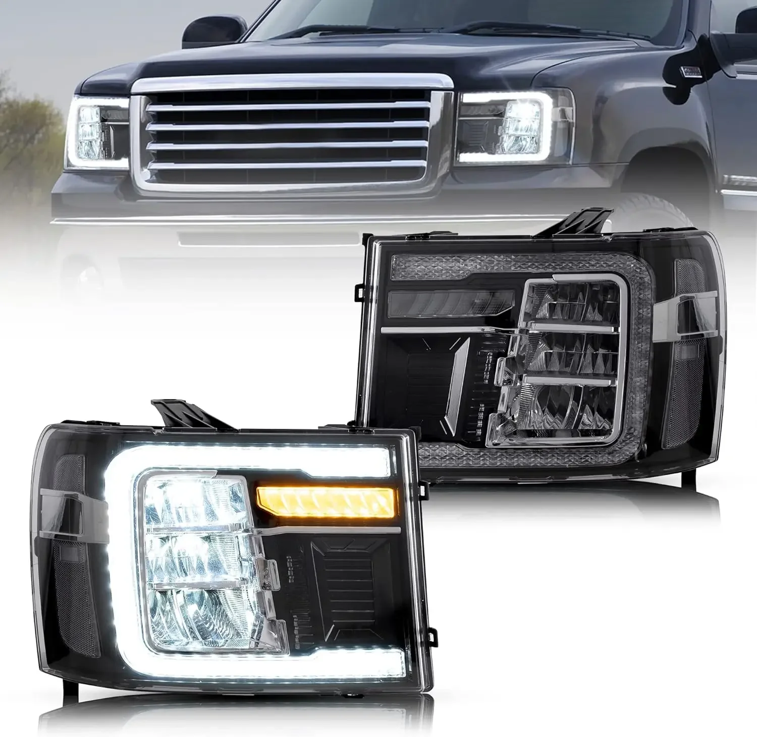 Led Headlights Compatible with GMC Sierra 1500 2500HD 3500HD SLE 2007-2013 w/Reflective bowl w/Dynamic Animation w/Switchb