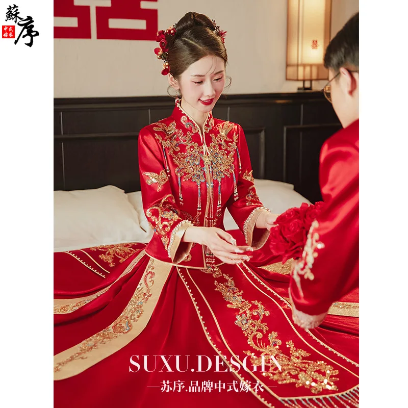 Yourqipao Chinese Xiuhe Clothing China Traditional Wedding Dresses Heavy Beaded Bridal Toasting Dress Couple Ancient Gowns Sets