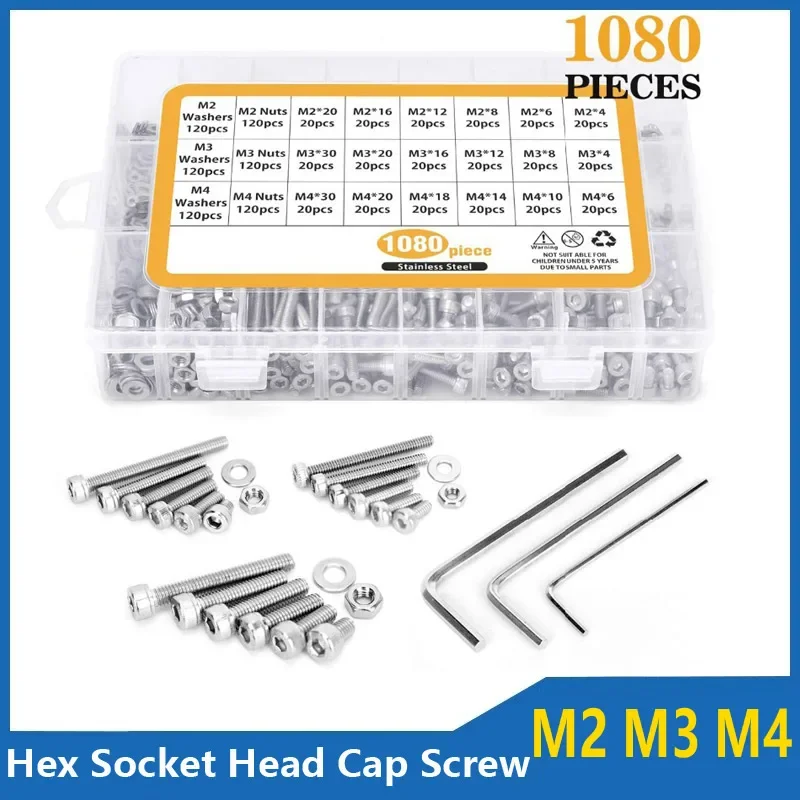 

1080 шт. Набор винтов с шестигранной головкой M2 M3 M4 304 из нержавеющей стали с шестигранной плоской круглой головкой и шайбой, набор шайб
