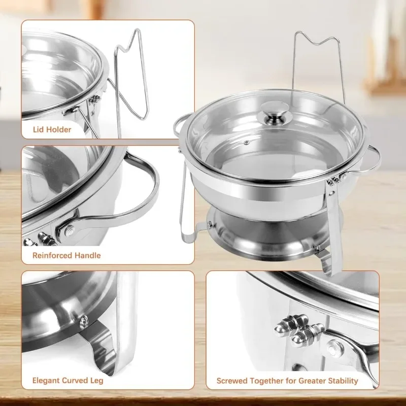 Round Chafing Dish Buffet Set, 4 QT Stainless Steel Chafing Dishes with Glass Lid & Lid Holder, Catering Food Warmers