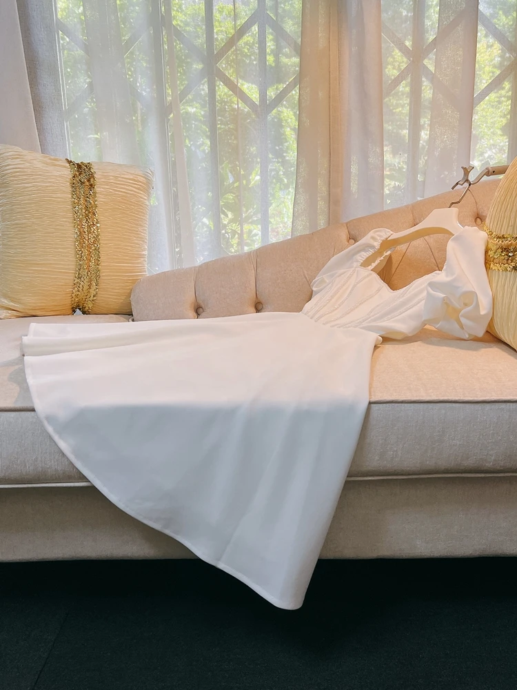 Pure White Pearl Fibone Hollow out Design Square Ne Bubble Sve Dr High Waist Long Dr Summer Evening Gown