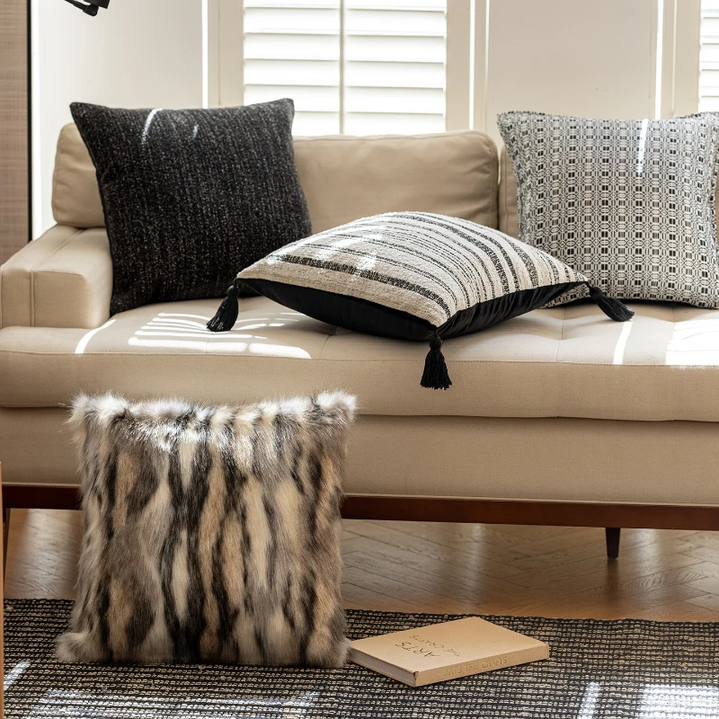45x45CM Black Minimalist Throw Pillow Cover Tassel Stripe Stamping Waist Cushion Cover Decor Home Decorative Pillowcase
